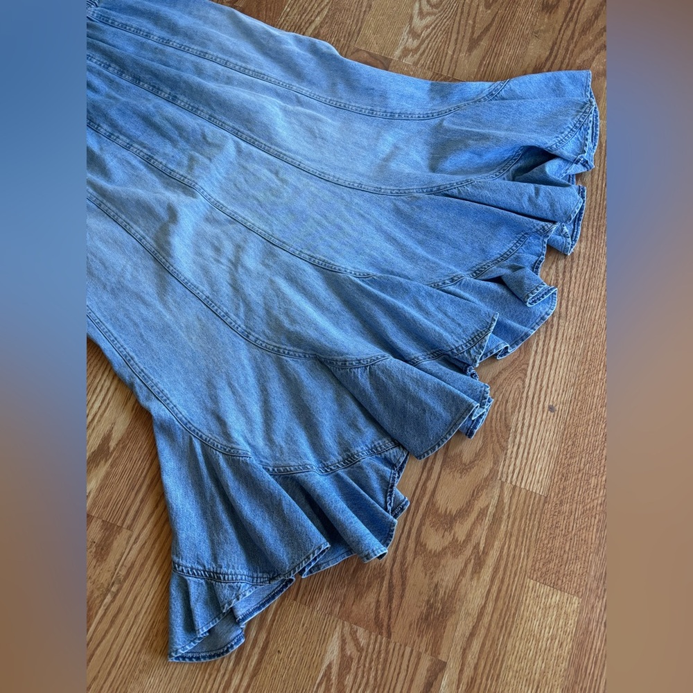 Vintage Denim Midi Skirt 90s Blue Jean Flounce Hem Skirt | Elastic Waist Size M - Picture 3 of 6